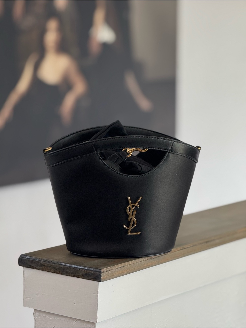 Saint Laurent Black Leather Bucket Bag with Gold Hardware